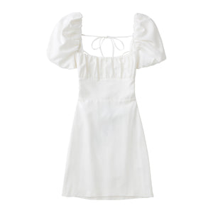 XNWMNZ women white fashion linen blend dress female square neck short puff sleeves backless crossover straps dress for women's