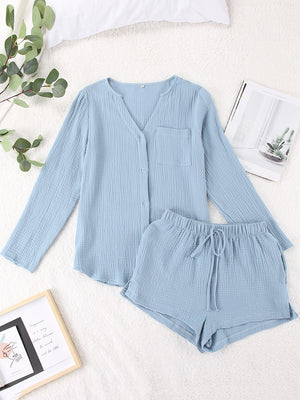 100%Cotton Autumn Sleepwear Suits With Shorts Pijama Pocket Nightwear Single Breasted Women&#39;s Nightgown Full Sleeve Women Pajama