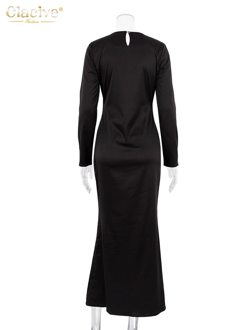 Clacive Casual Black Satin Women'S Dresses 2023 Elegant O-Neck Long Sleeve Ankle-Length Dress Fashion Simple Silky Female Dress