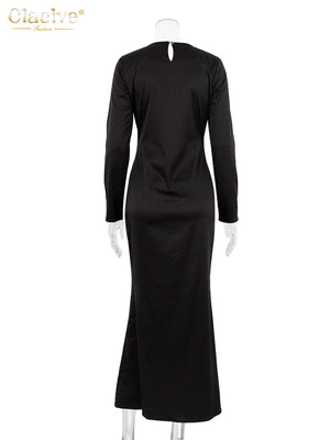 Clacive Casual Black Satin Women'S Dresses 2023 Elegant O-Neck Long Sleeve Ankle-Length Dress Fashion Simple Silky Female Dress